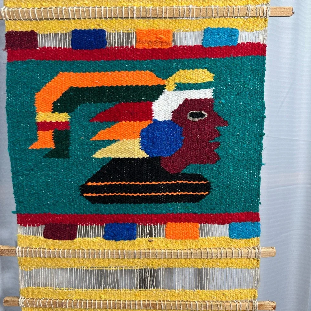 VTG Peruvian Handwoven Wool Wall Hanging Textile Art Pyramid Indigenous 48x15